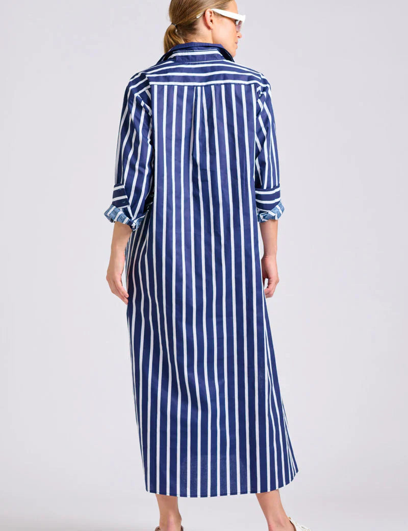 The Luna Oversized Long Line Shirt Dress | Navy Thick Stripe