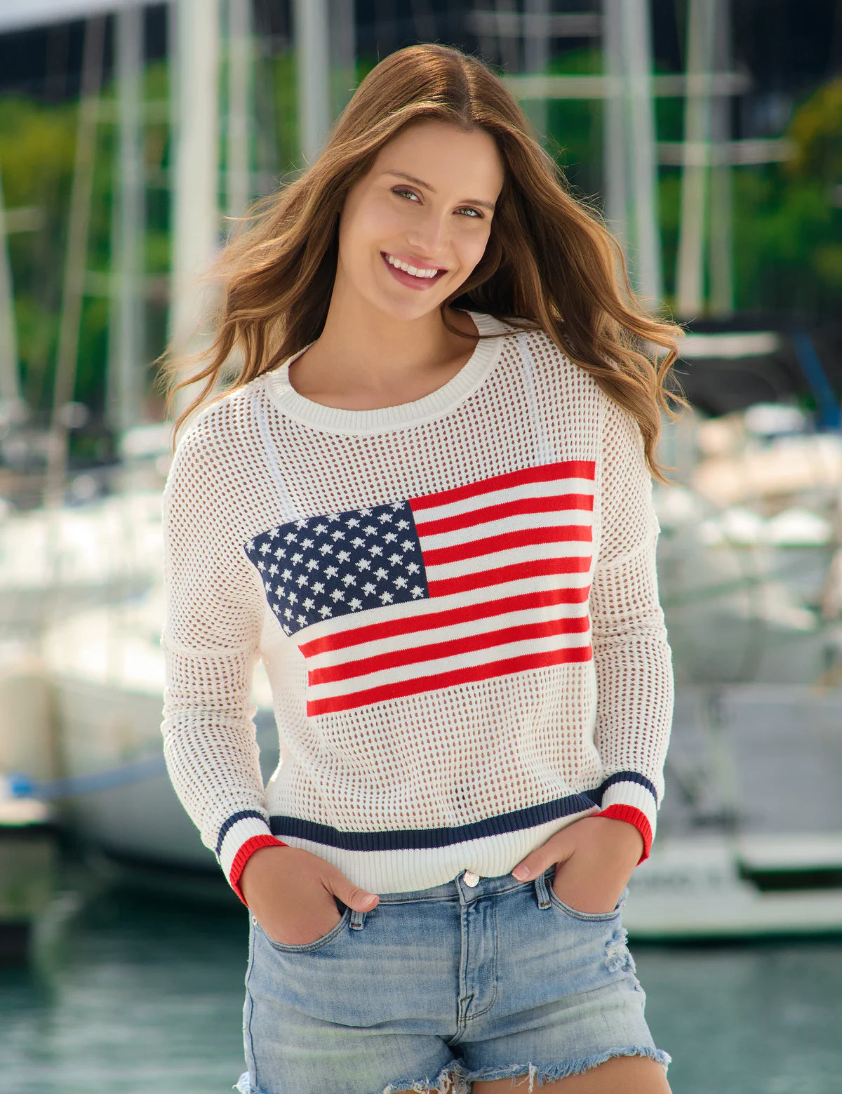 American Flag Mesh Sweater | White