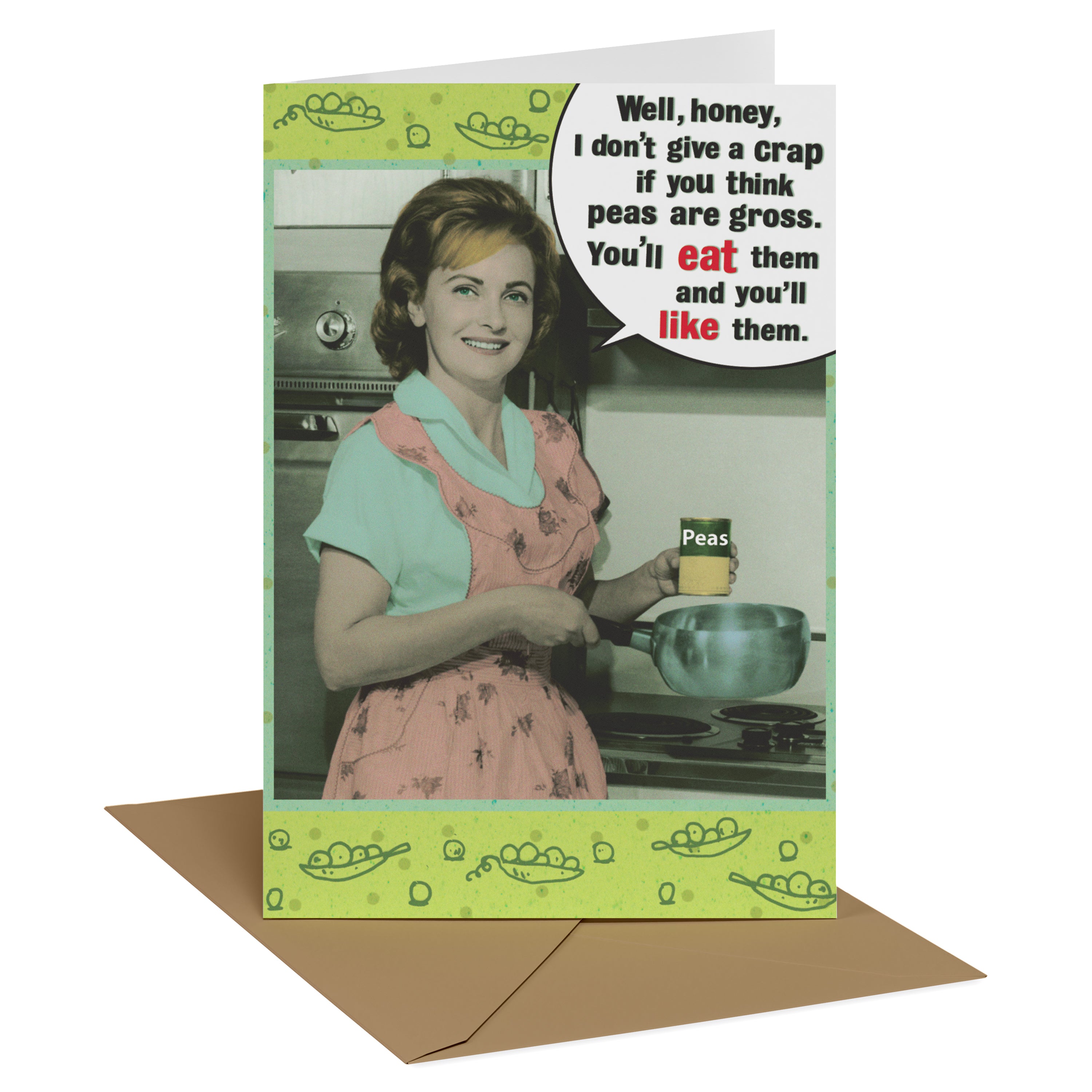 a woman in apron holding a pan and a sign