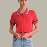 Amy Pointelle Stitch Tipped Polo Cardigan |Hibiscus Combo