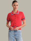 Amy Pointelle Stitch Tipped Polo Cardigan |Hibiscus Combo