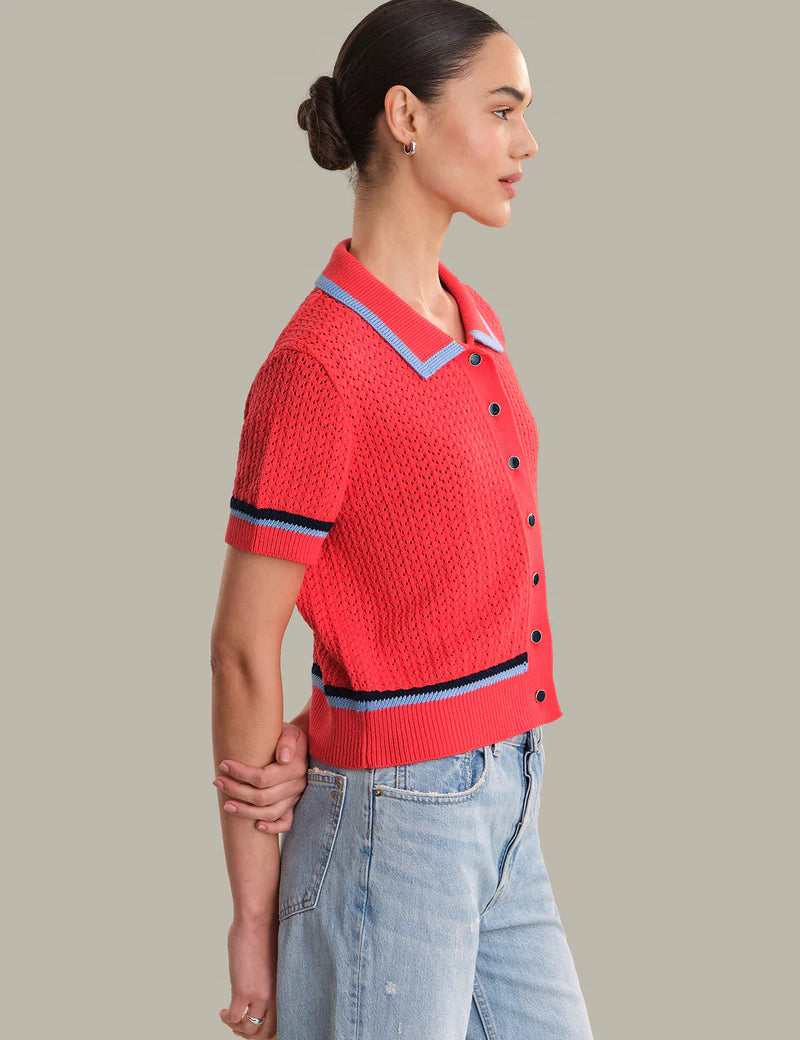 Amy Pointelle Stitch Tipped Polo Cardigan |Hibiscus Combo