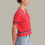 Amy Pointelle Stitch Tipped Polo Cardigan |Hibiscus Combo