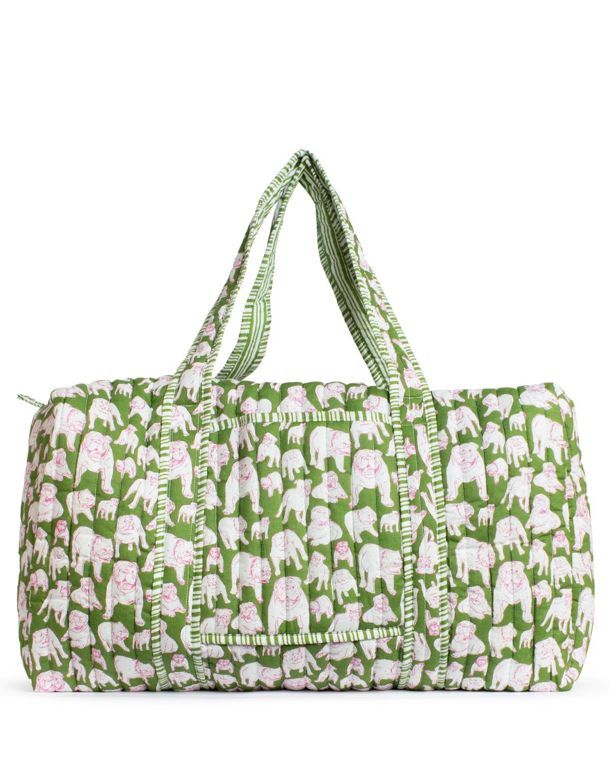 a green and white duffel bag