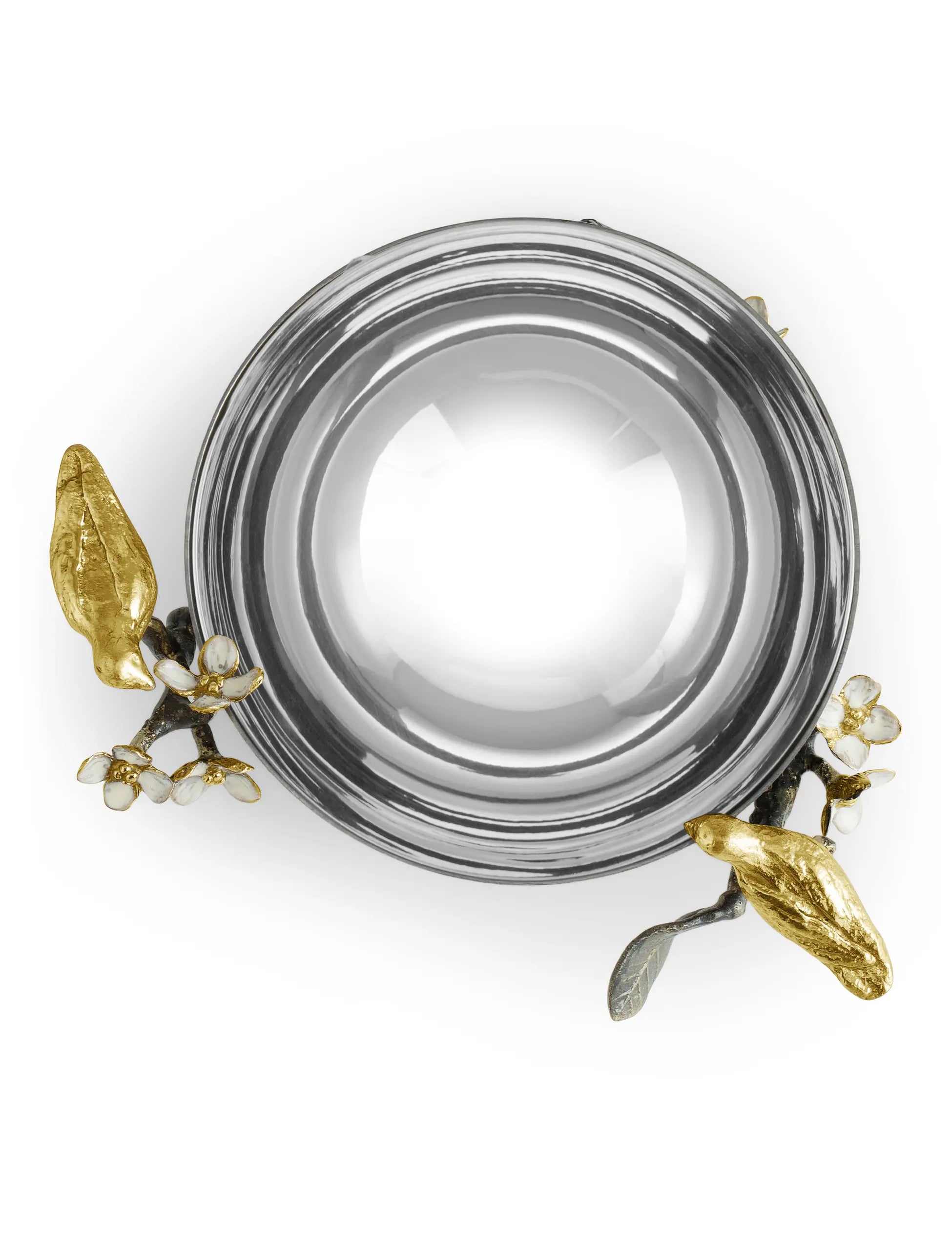a silver bowl with gold leaves and flowers