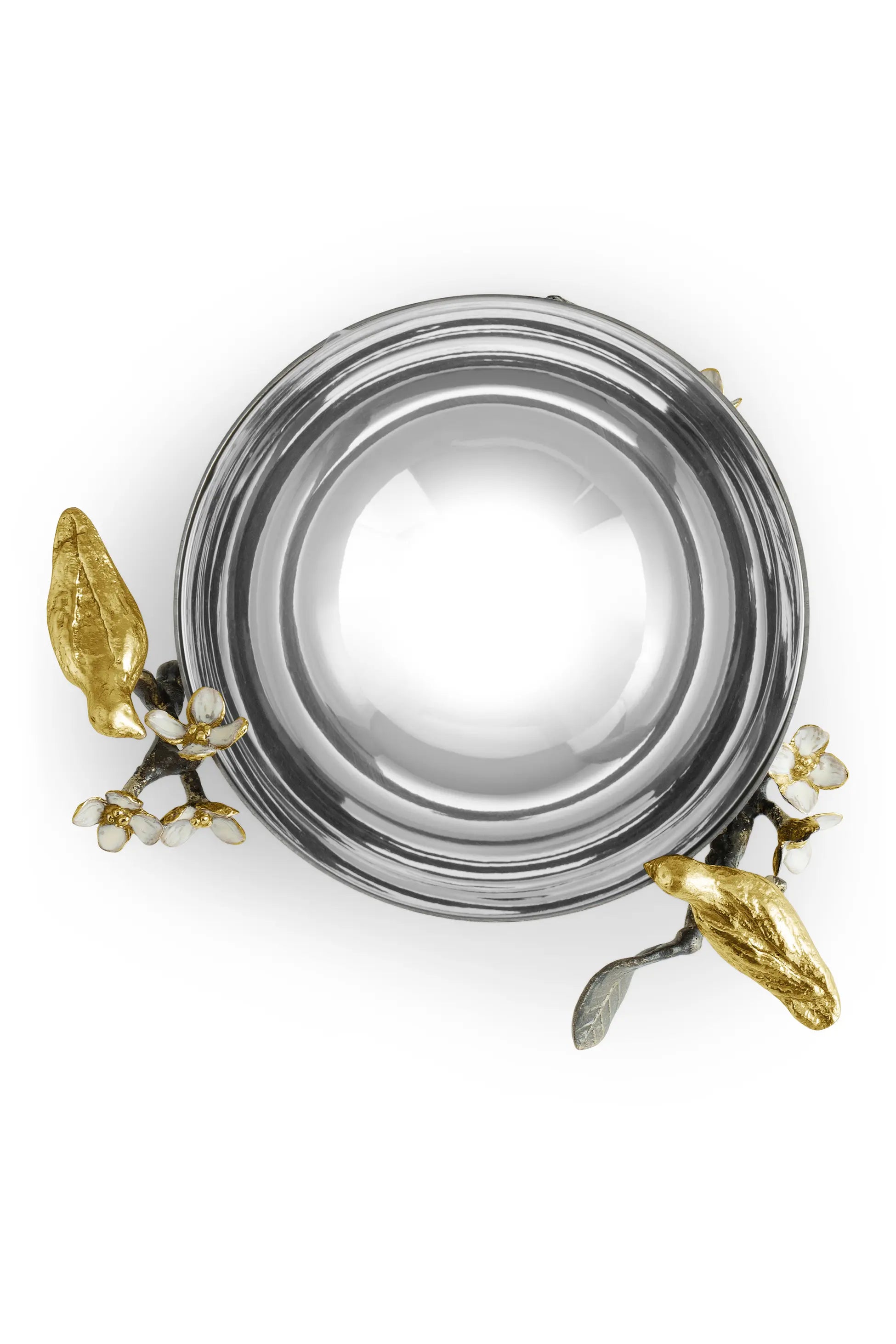 a silver bowl with gold leaves and flowers