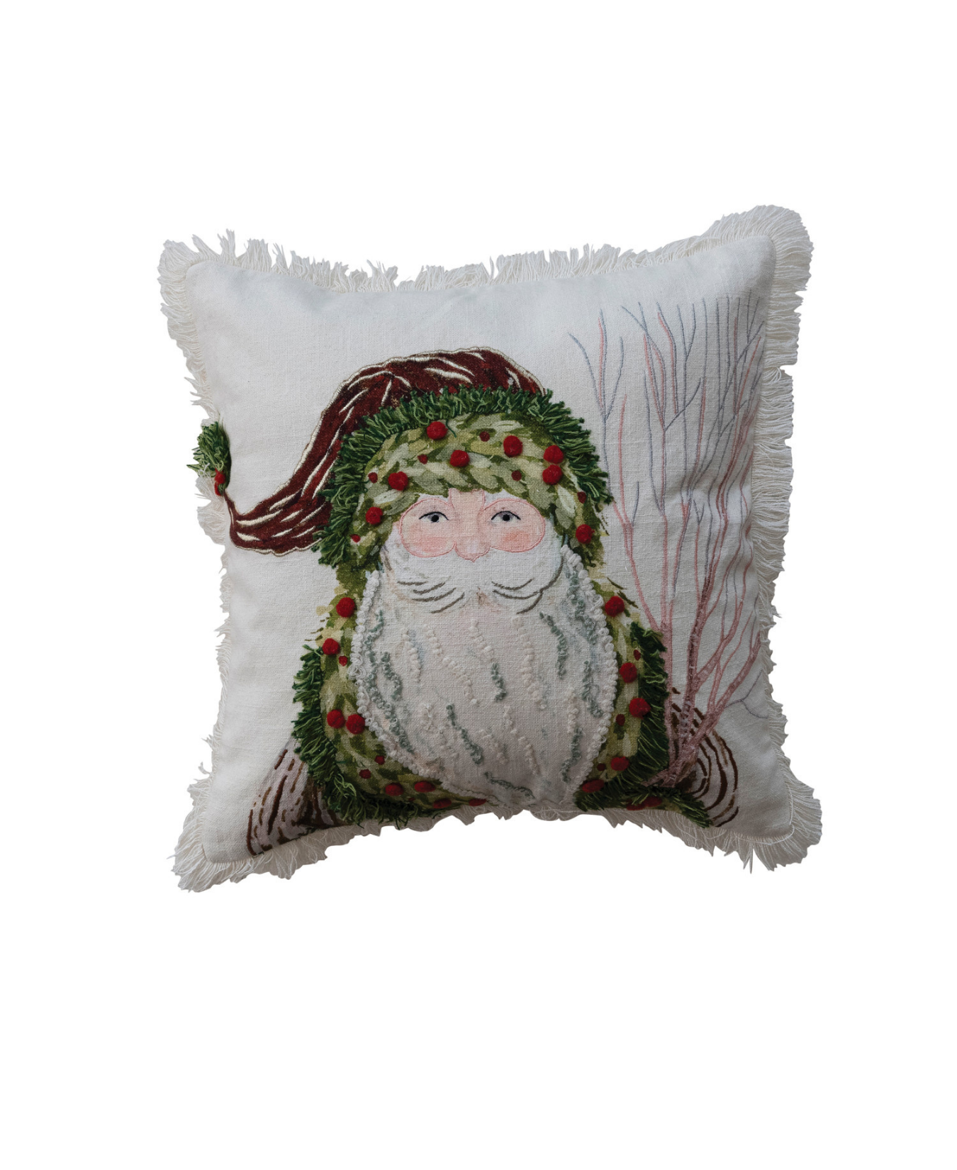 18_Square_Cotton_Slub_Printed_Pillow_with_Santa_Embroidery___Fringe___creativeco_op_XT0229_1