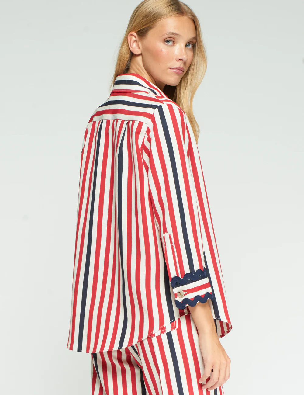Red and Navy Striped Shirt with Wavy Cuffs