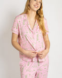 On Par Short Sleeve Button Up Sleep Shirt | Light Pink/Green