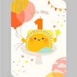 a card with a cartoon sun and balloons