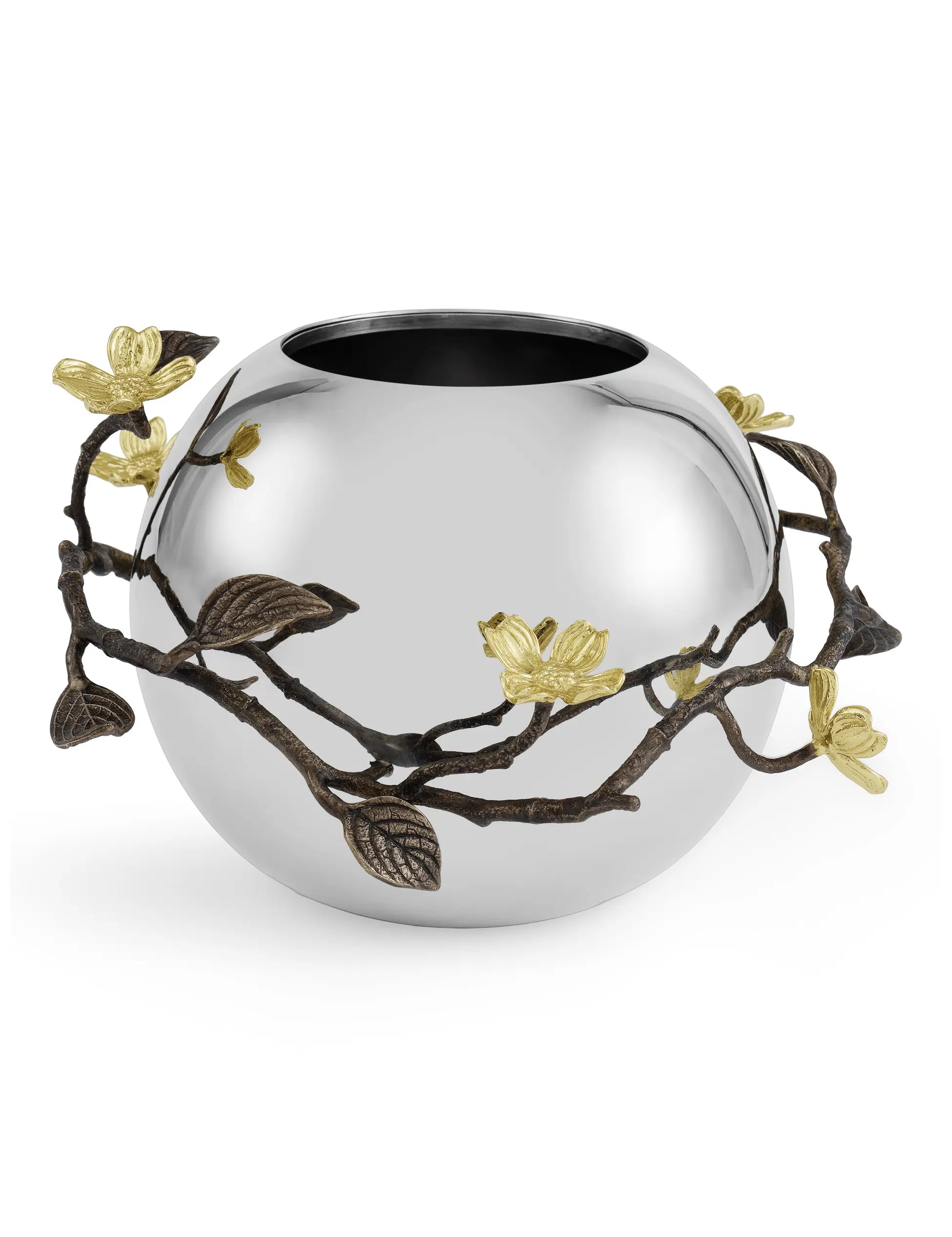 a silver vase with a branch on it