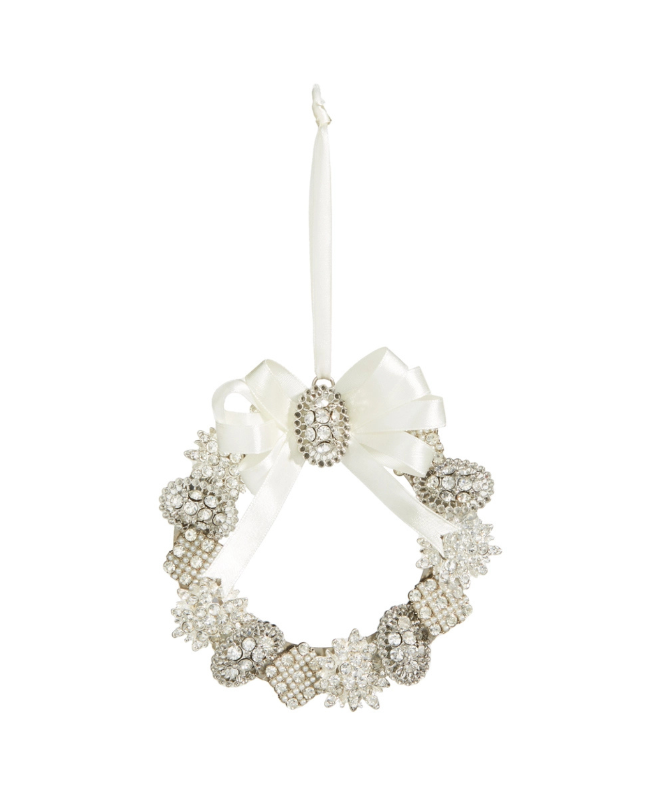 a white and silver ornament with a bow