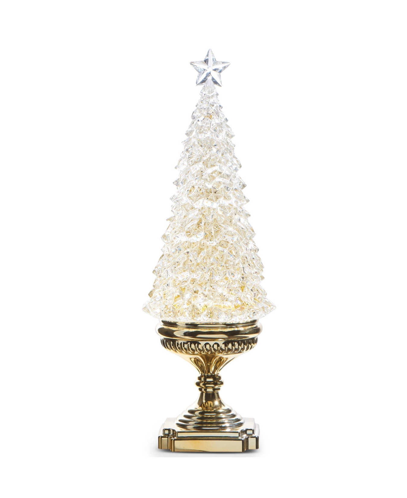 a glass christmas tree on a gold stand