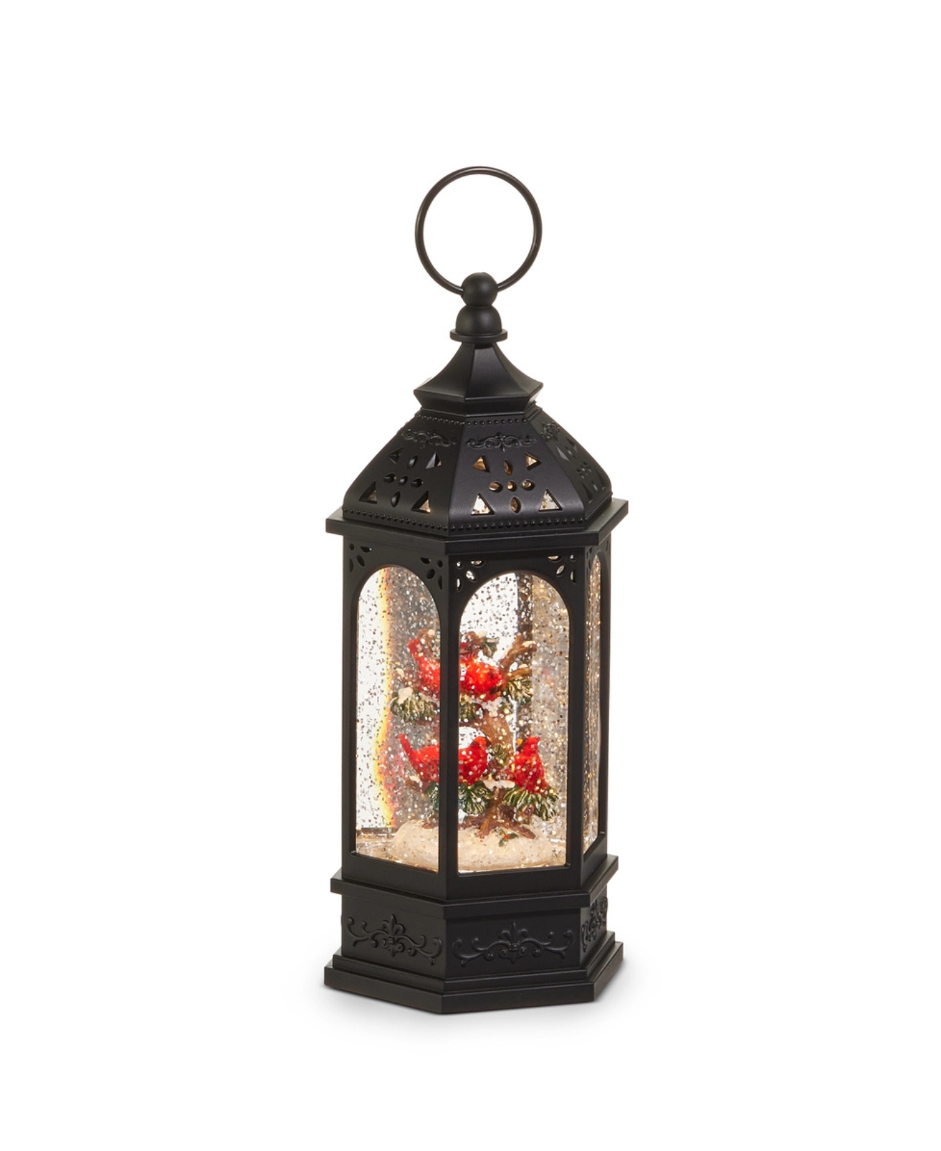 a black lantern with a bird inside