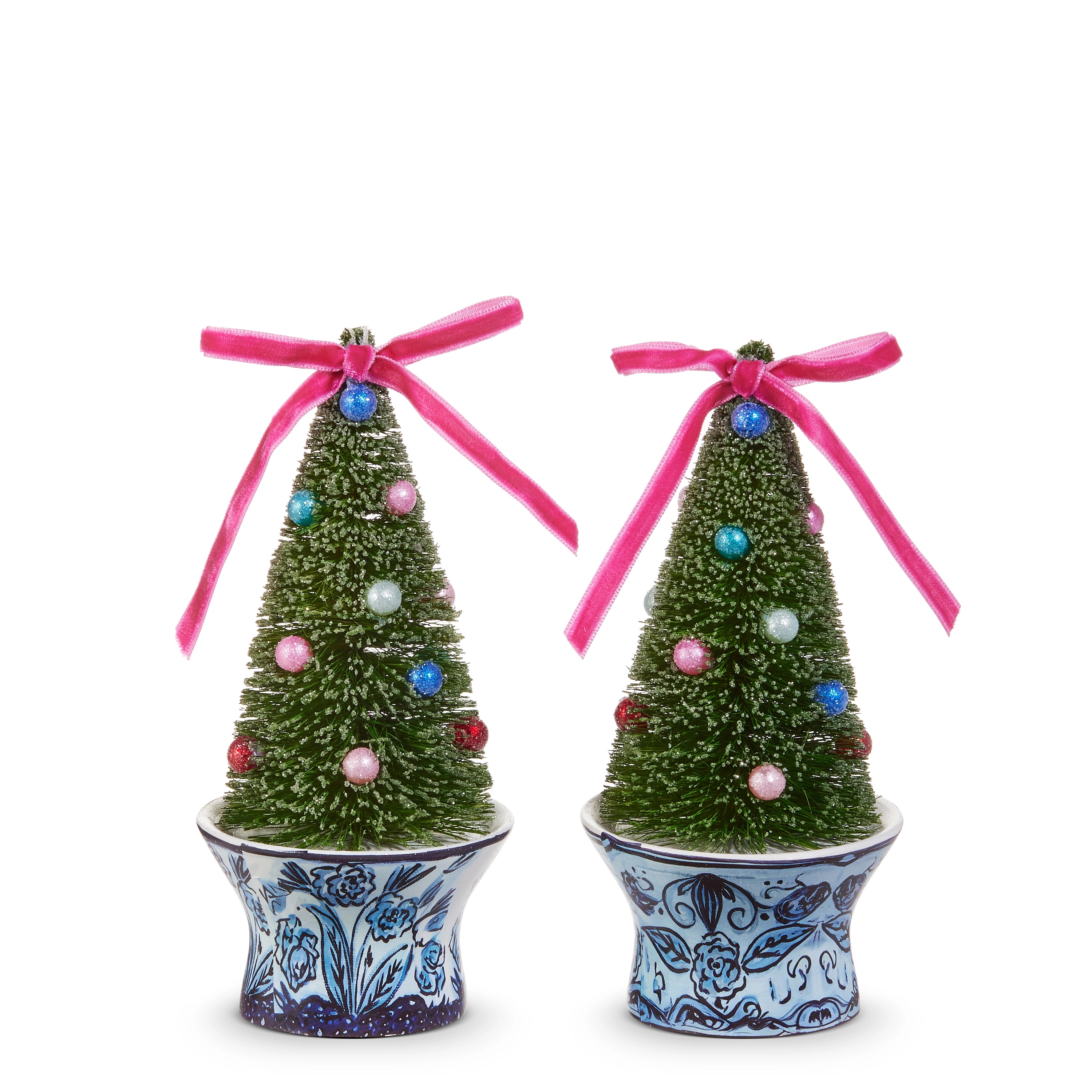 a pair of small trees with pink bows
