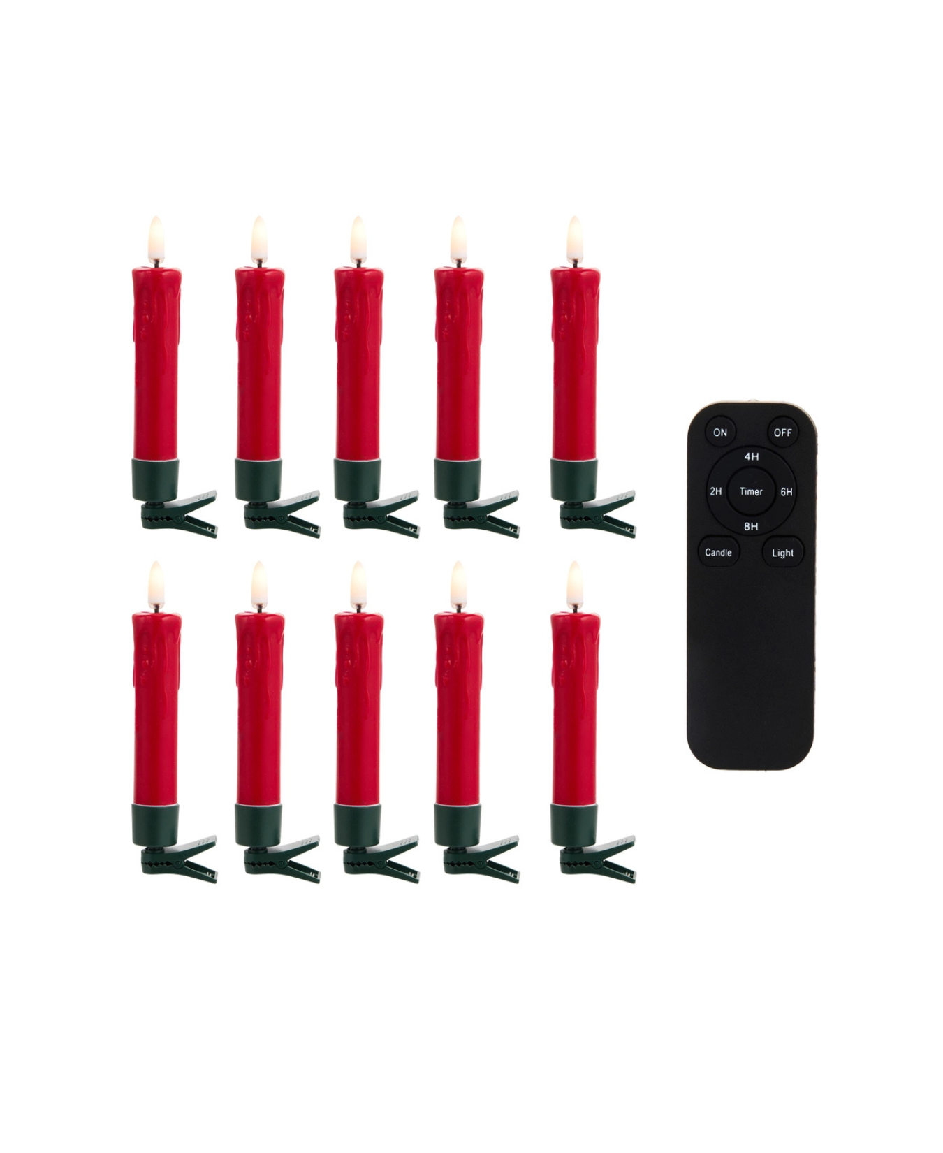 a group of red candles with a remote