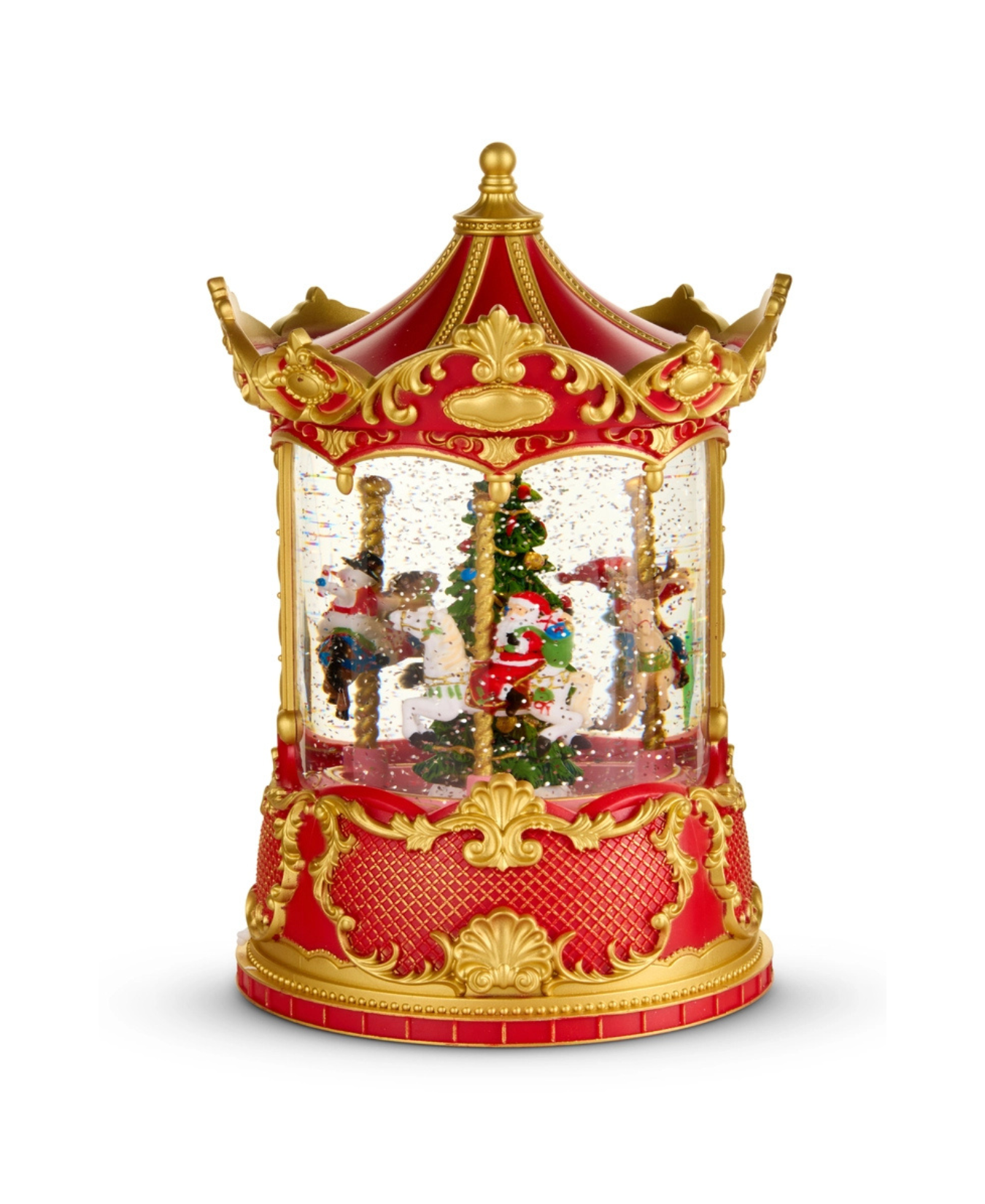 a red and gold christmas snow globe