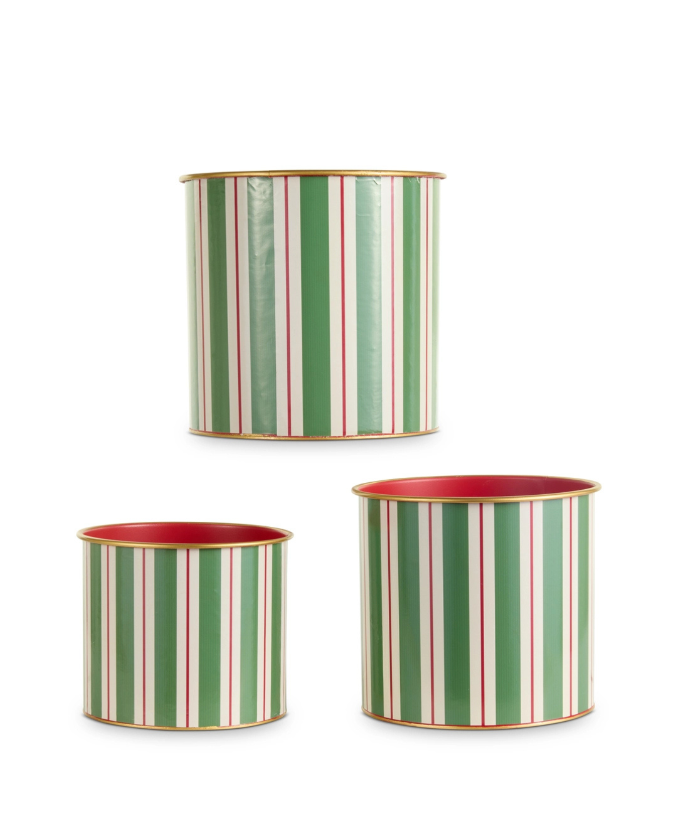 a group of striped tins
