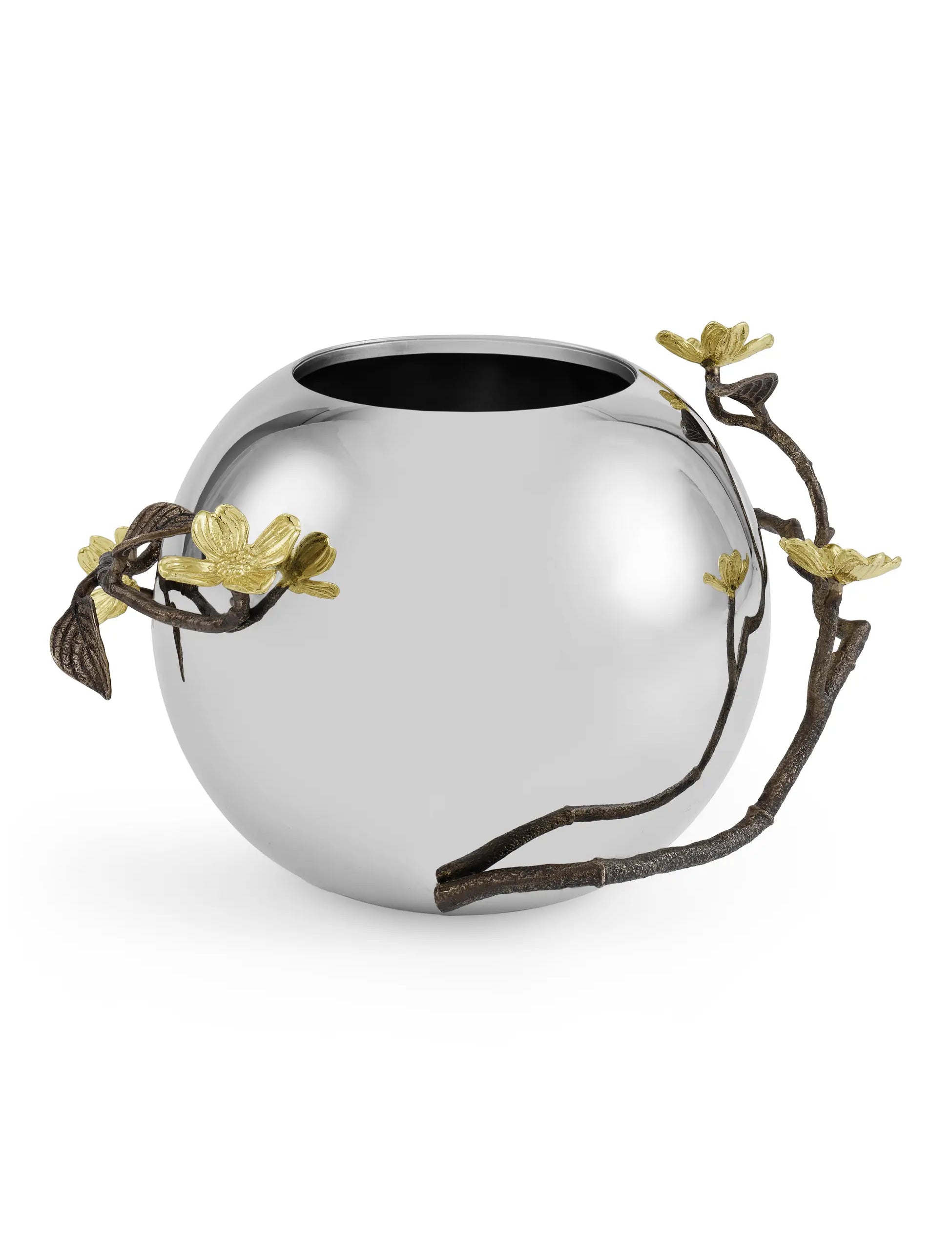 a silver vase with gold flowers