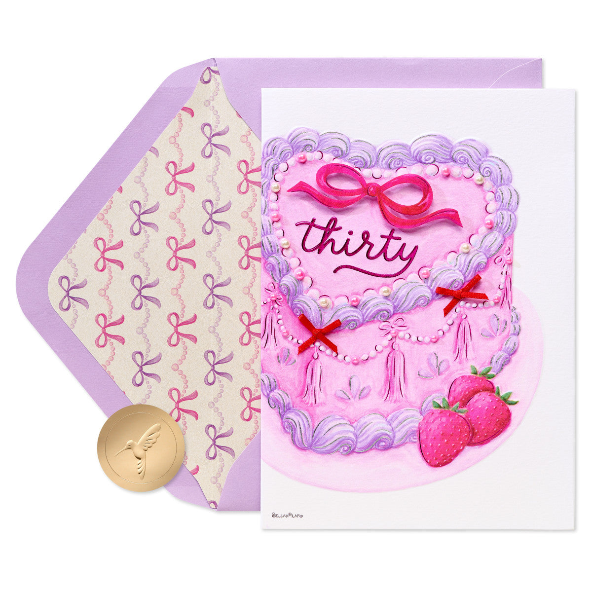 a purple envelope with a picture of a cake and a coin