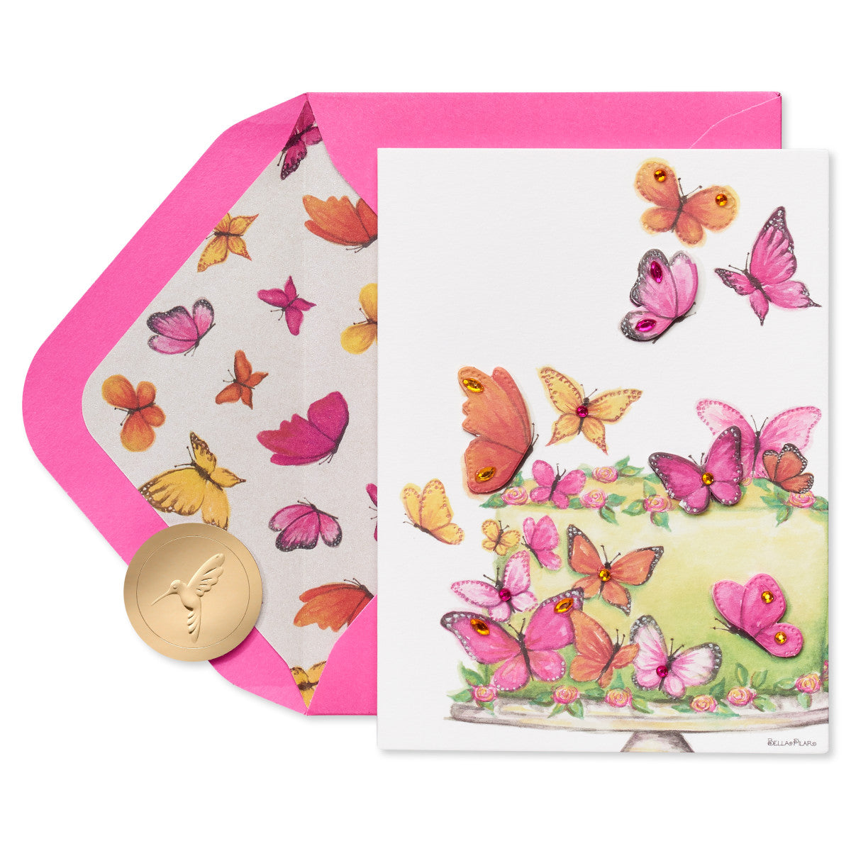 a card with butterflies and a gold coin