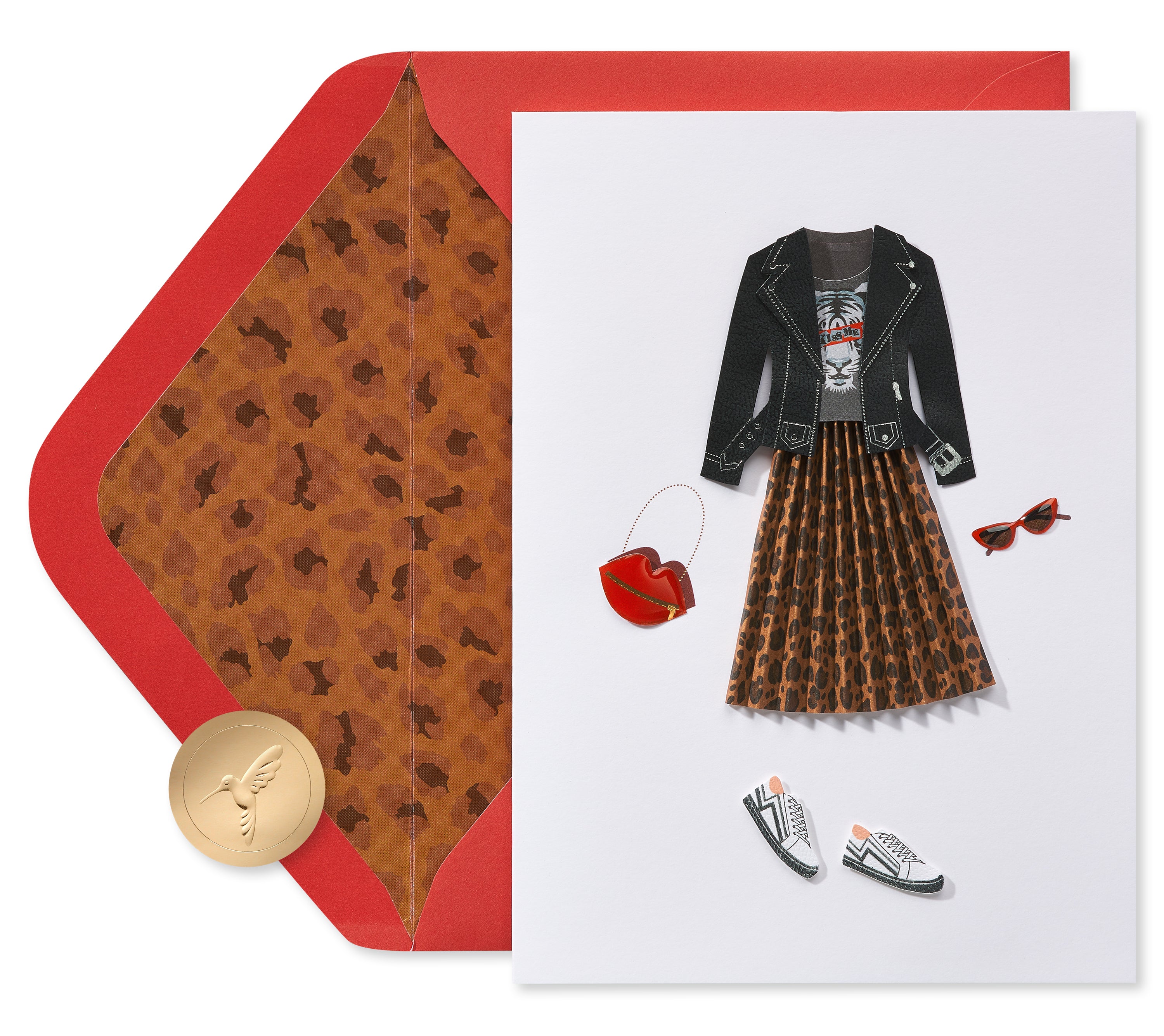 a card with a picture of a dress and shoes