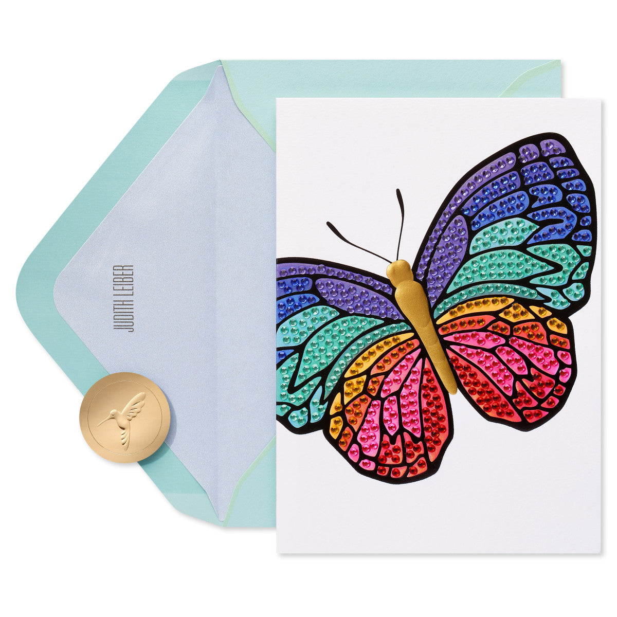 a butterfly card with a gold coin