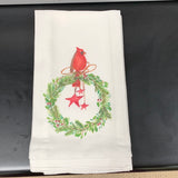 Cardinal on Wreath with Stars Dish Towel D314