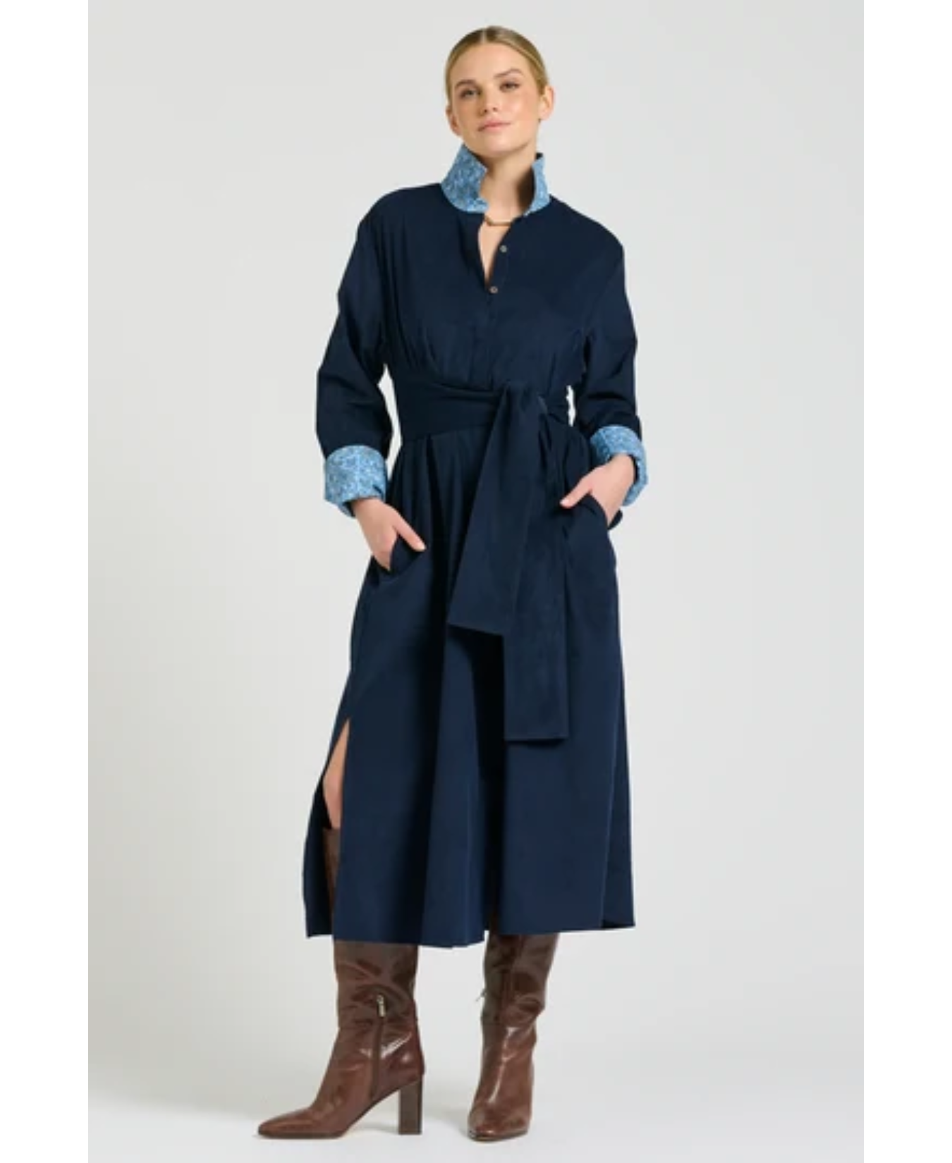 Amelie Long Line Shirt Dress French Navy Pincord-The Shirty Group