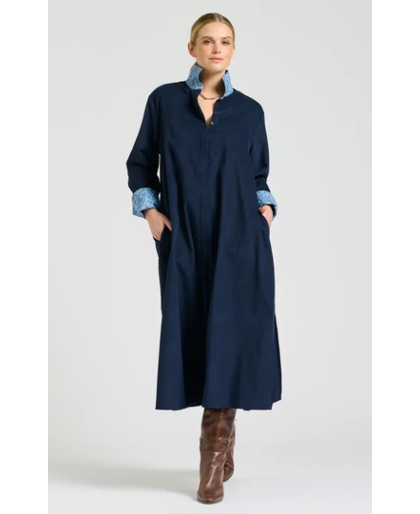 Amelie Long Line Shirt Dress French Navy Pincord-The Shirty Group