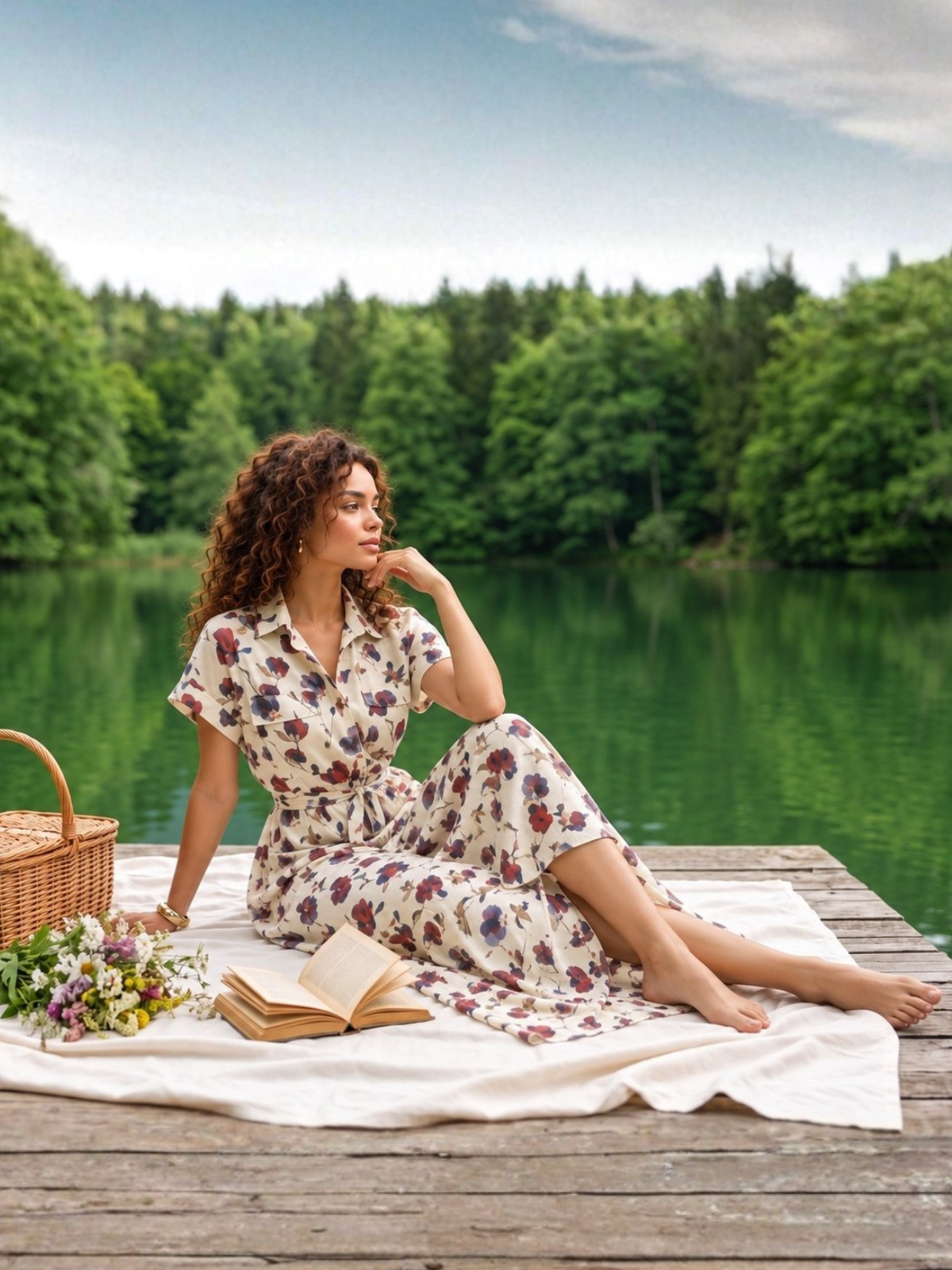 a woman sitting on a dock with a picnic basket and a book