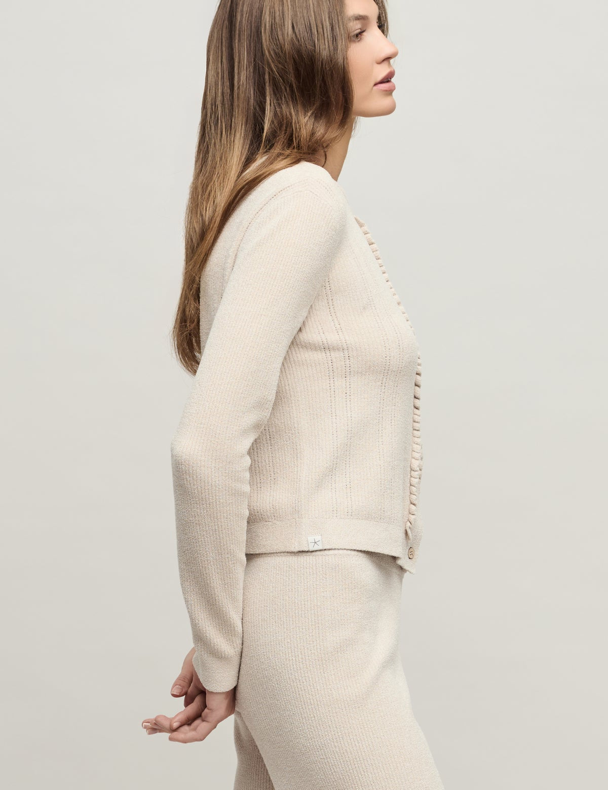 CCUL Pointelle Rib Ruffle Front Cardigan