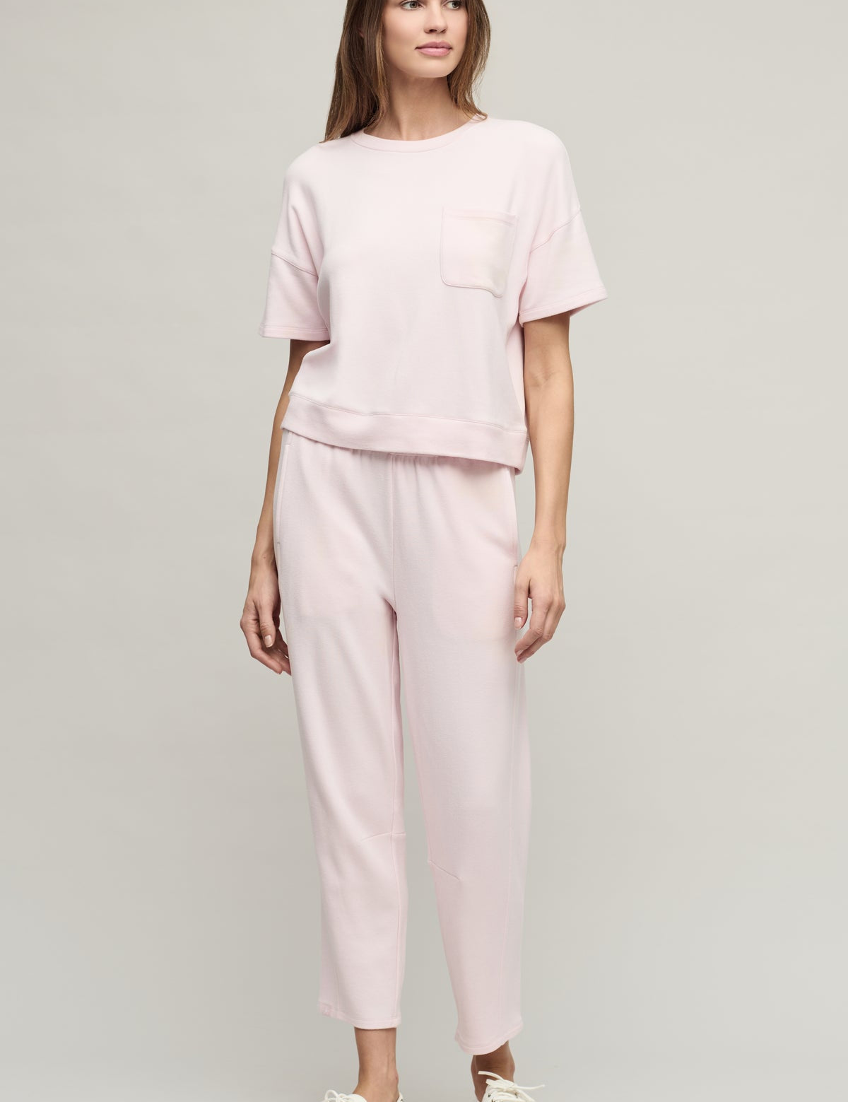 Brushed Fleece Short  Sleeve Dropped Shoulder Pullover | Pink Sand