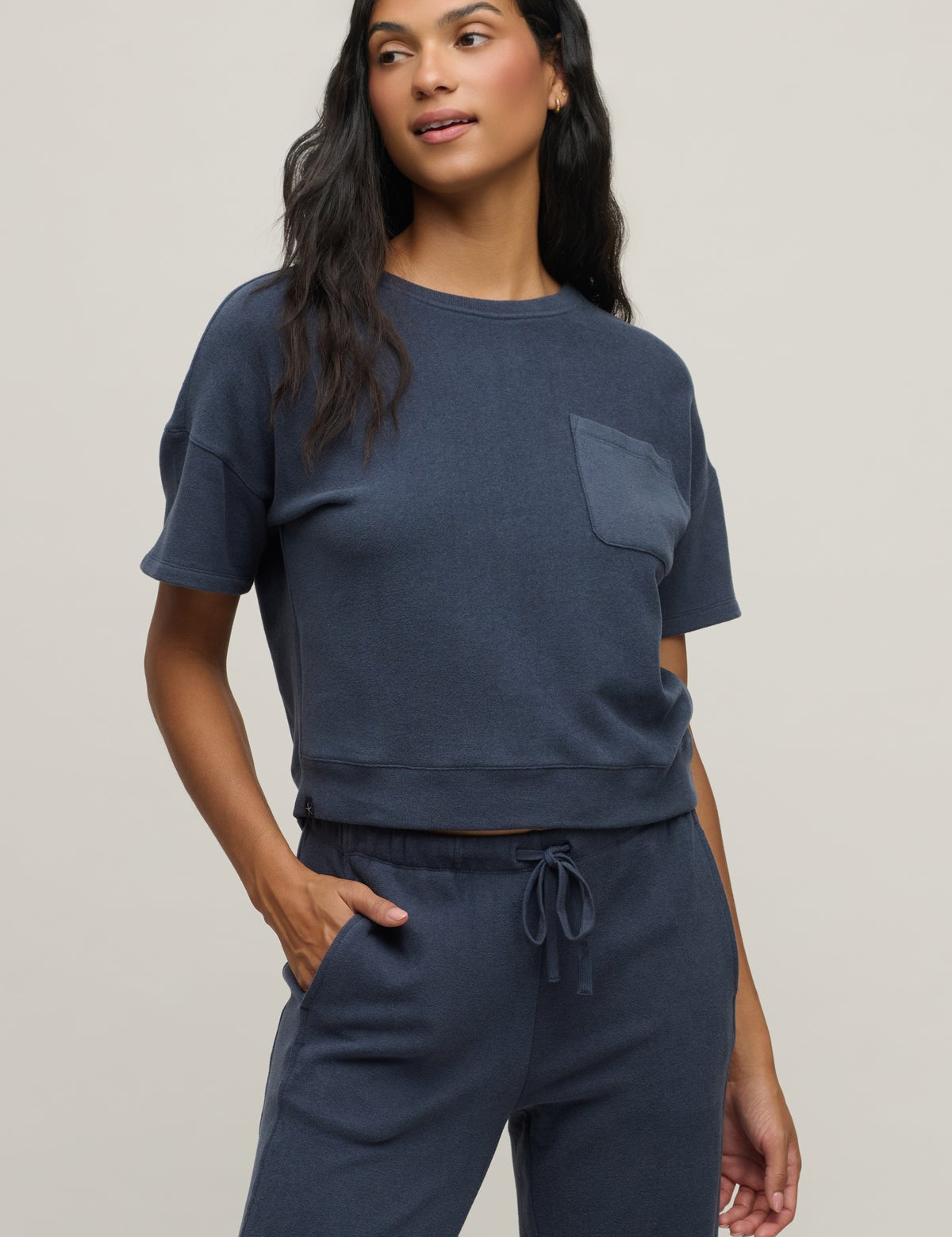 Brushed Fleece Short  Sleeve Dropped Shoulder Pullover | Pink Sand
