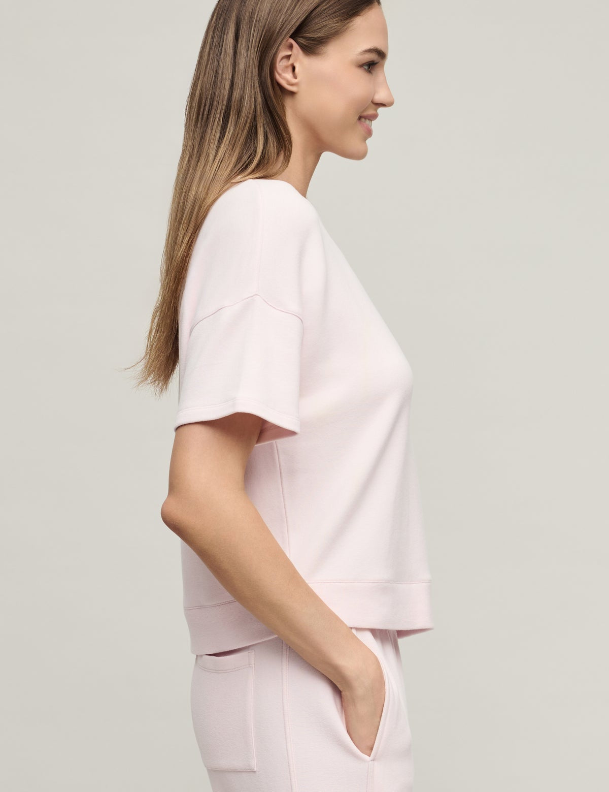 Brushed Fleece Short  Sleeve Dropped Shoulder Pullover | Pink Sand
