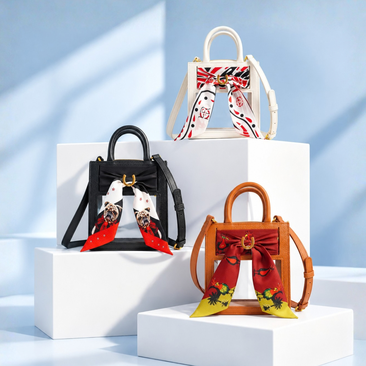 a group of bags on a white podium