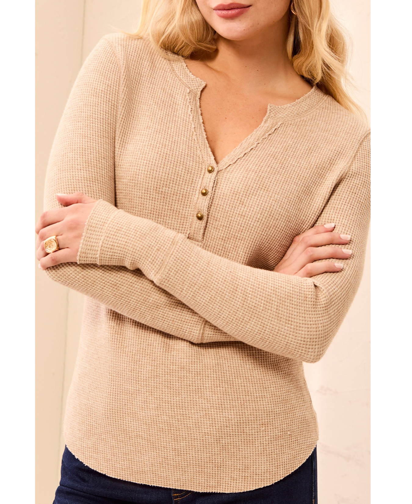 Brushed Waffle Knit Henley Long Sleeve Shirt-Tribal-5899O-5159