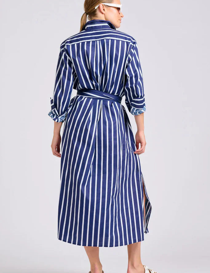 The Luna Oversized Long Line Shirt Dress | Navy Thick Stripe