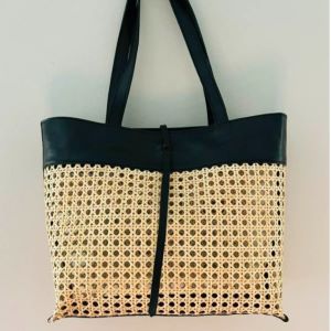 Cane Weave Tote Med Black Leather Trim