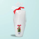 a stack of white cups with a red bow