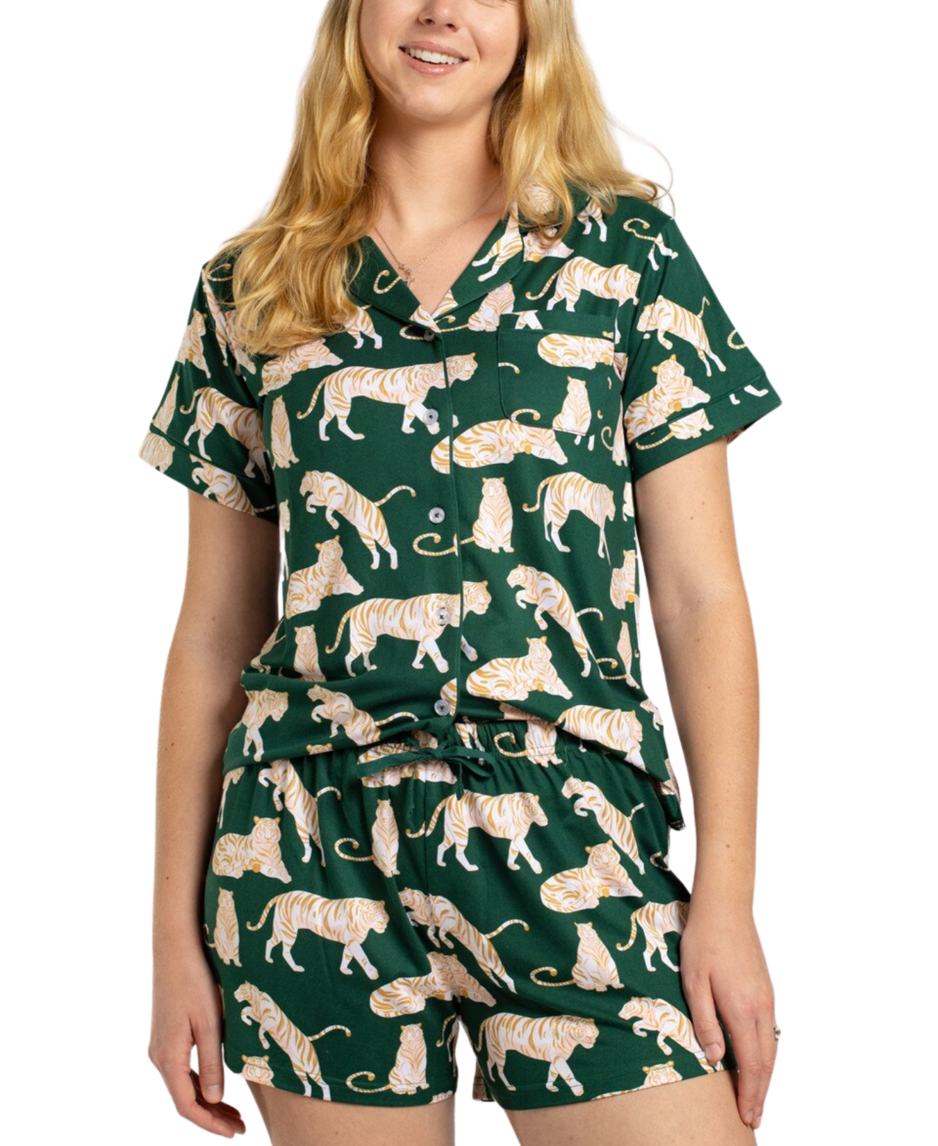 Chloe Tiger Short Sleeve Button Up Sleep Shirt_The Royal Standard_273261555