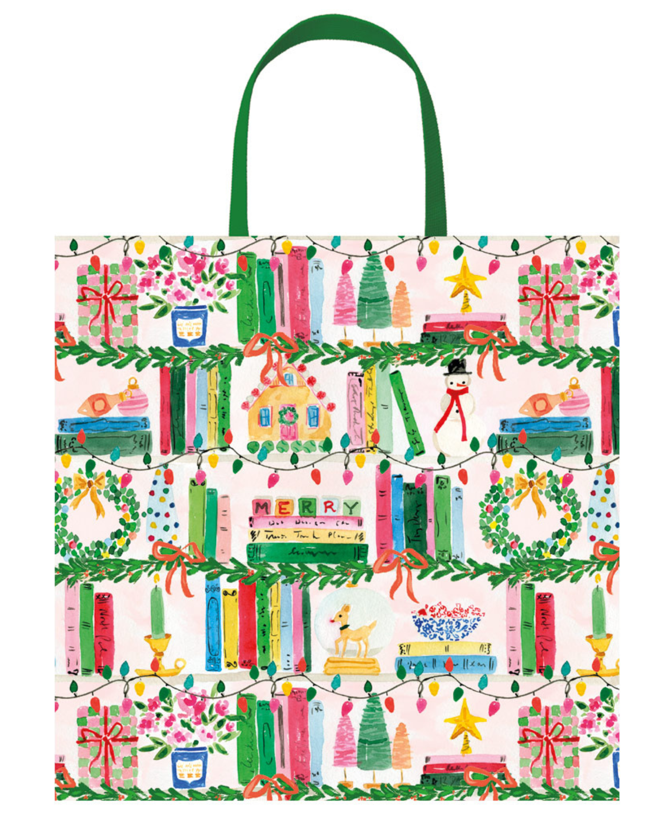 Christmas Shelfie Medium Square Gift Bag 9.75"L x 9.75"H x 4"W - Includes 1 Bag_Caspari_10190B13-PINK