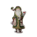 a stuffed santa claus with a red hat and green robe