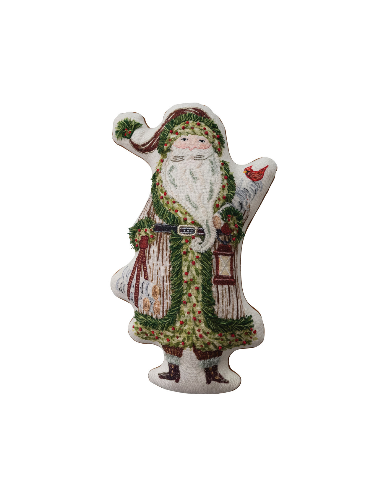 a stuffed santa claus with a red hat and green robe