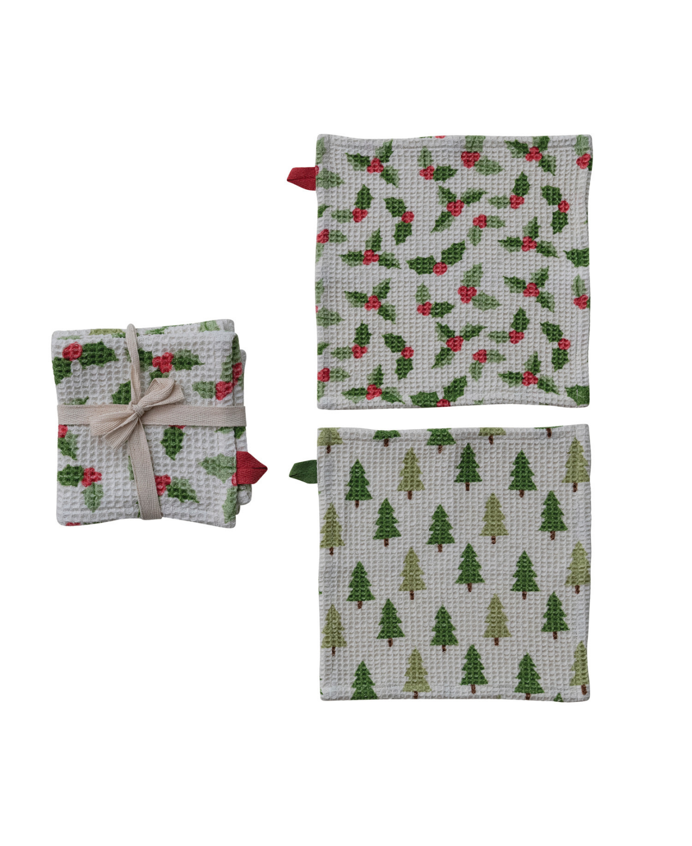Cotton Printed Waffle Weave Dish Cloths with Trees/Holly Pattern_creativeco_op_XT0593_1