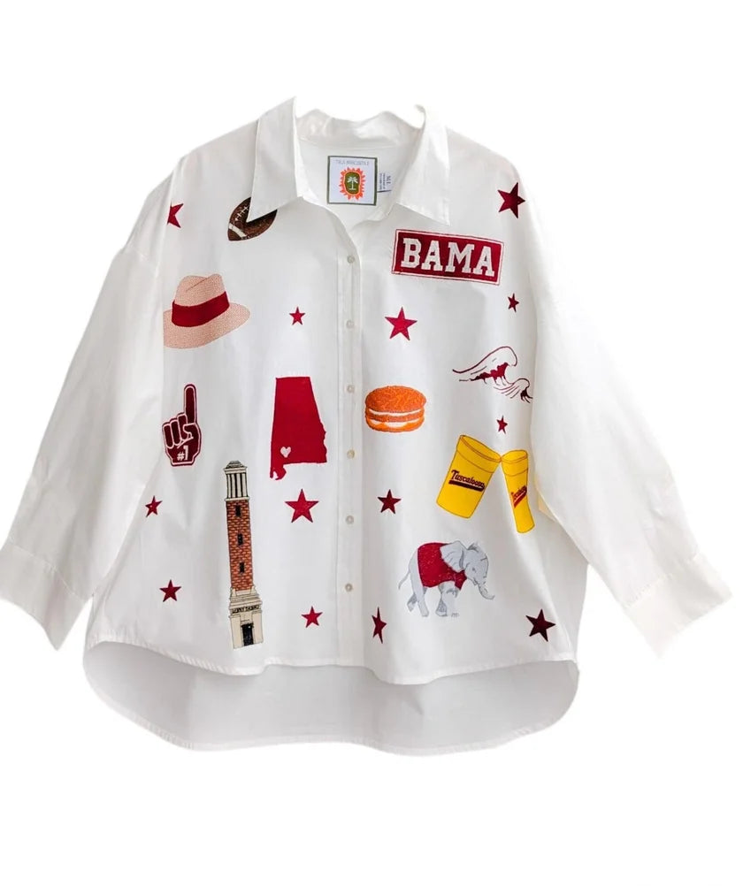 a white shirt with different stickers on it