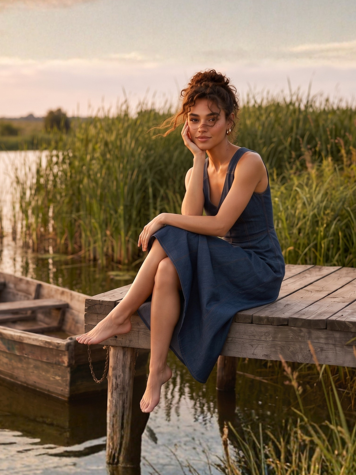 a woman sitting on a dock near water