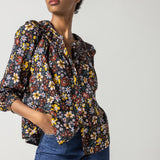 Floral Smocked Cuff Top Black Floral - Large