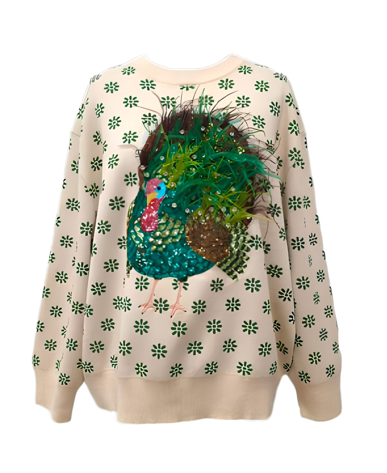 Flower Print Feather Turkey Sweater_Queen of Sparkles_HOLID26N18-BEE