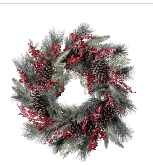 Frosted Mixed Evergreen, Pine Cone & Berry Wreath